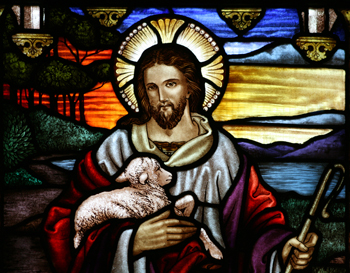 Good Shepherd portrait, stained glass, St Johns Ashfield.